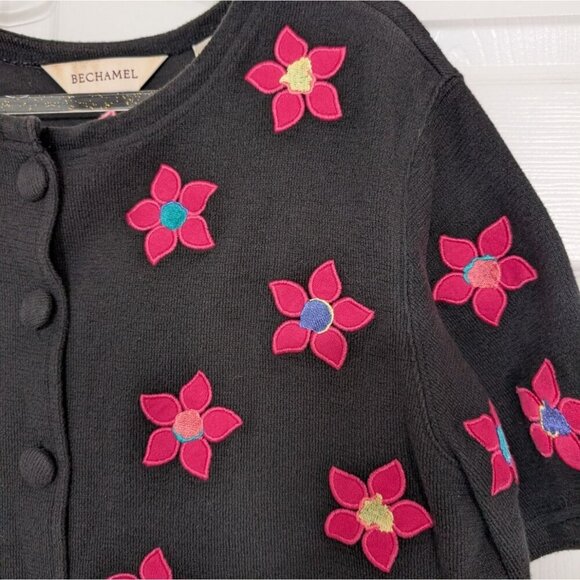 Bechamel Floral Cardigan Womens Size Medium Black Pink Knit Cotton Short Sleeve - Picture 3 of 10